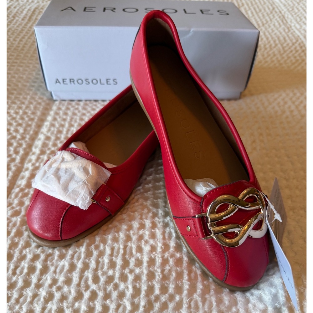 Aerosoles Womens Big Bet Red Ballet Flats Gold Buckle Square Toe Comfort Shoes 6